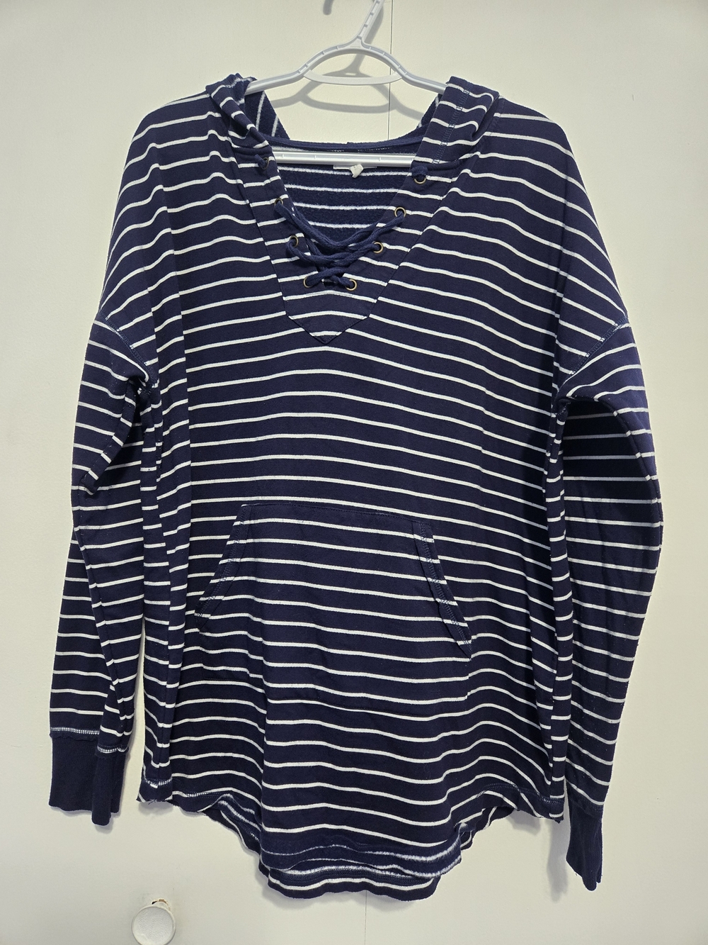 Maurices XXL Navy White Striped Lace-Up Hooded Pullover Sweatshirt